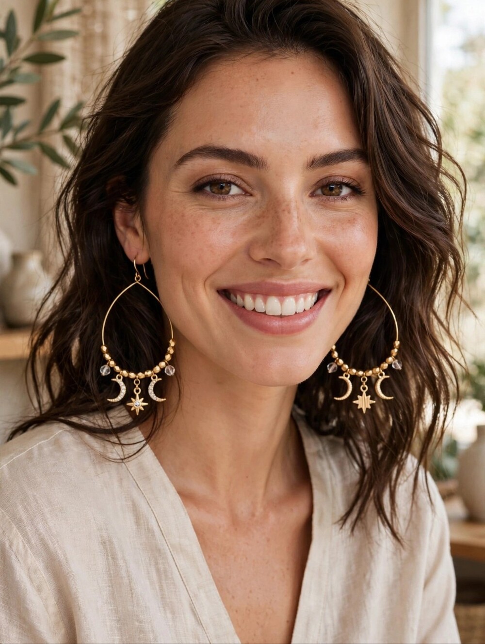 Gold Tone Celestial Hoop Earrings with Moon & Star Charms